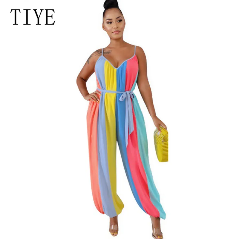 

TIYE Rainbow Striped Sexy Spaghetti Strap Backless Jumpsuits Summer Women Casual Sleeveless Long Rompers Female Beach Playsuits