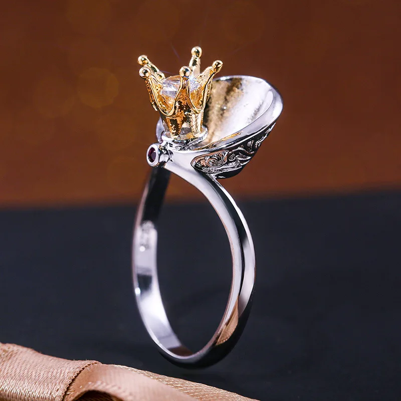 Cute Female Gold Crown Princess Ring With Zircon Fashion Promise Wedding Rings For Women Unique Silver Bridal Engagement Ring