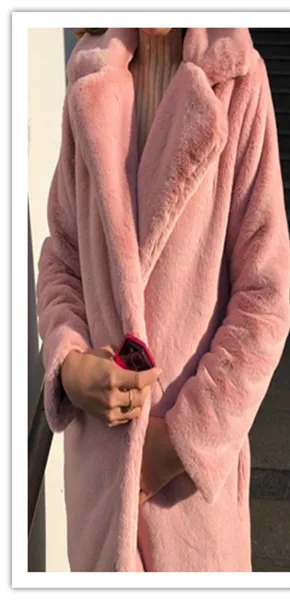 warm liner pink Зимнее женское высококачественное пальто из искусственного кроличьего меха, роскошное длинное меховое пальто, Свободное пальто с отворотом, толстое теплое женское плюшевое пальто больших размеров - Цвет: warm liner pink