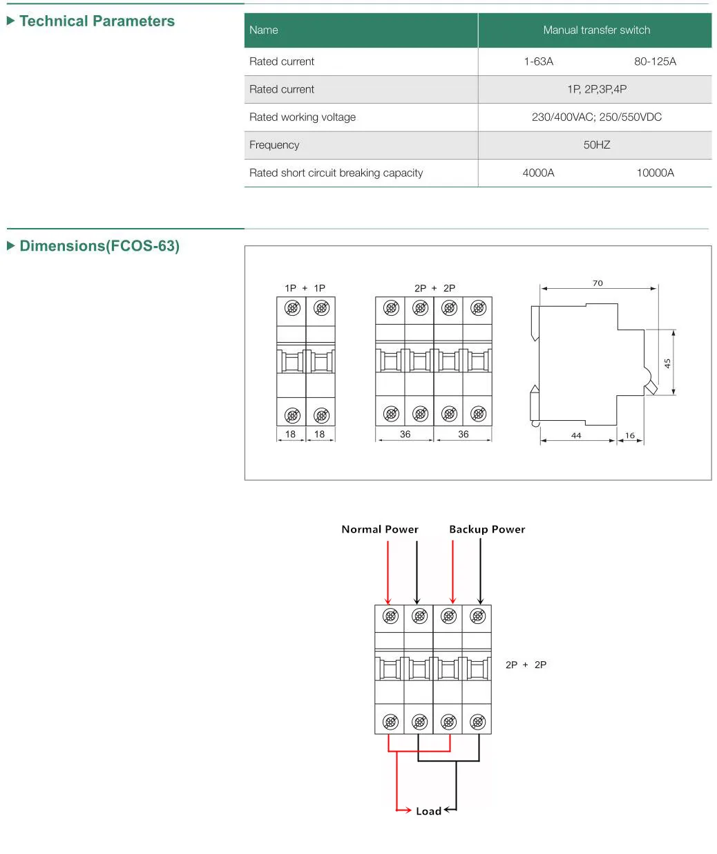 FEEO 2P 63A DC двойной переключатель передачи питания МТС