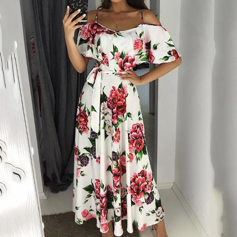 Женское длинное платье в стиле бохо белое Пляжное Платье макси с цветочным