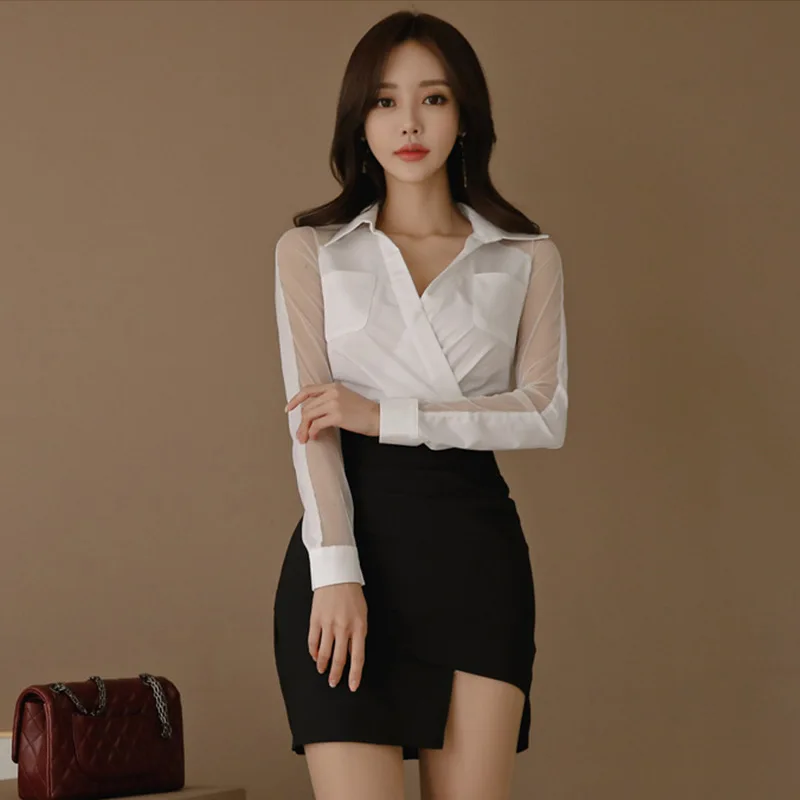 

Set 2018 Autumn And Winter New Style Debutante WOMEN'S Long-sleeve Shirts + Slim Fit Sheath Skirt Two-Piece Set
