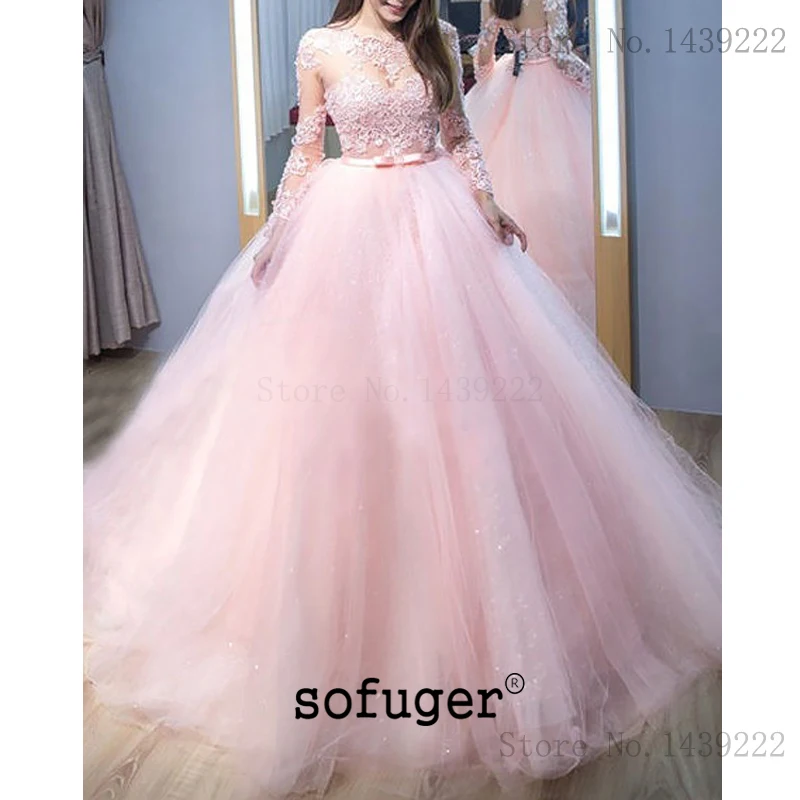 Pink Evening Dresses Prom Aline Lace Appliques Long Sleeves Arabic Lace Up Muslim Special Occasion Robe De Soiree Plus Size - Цвет: Розовый