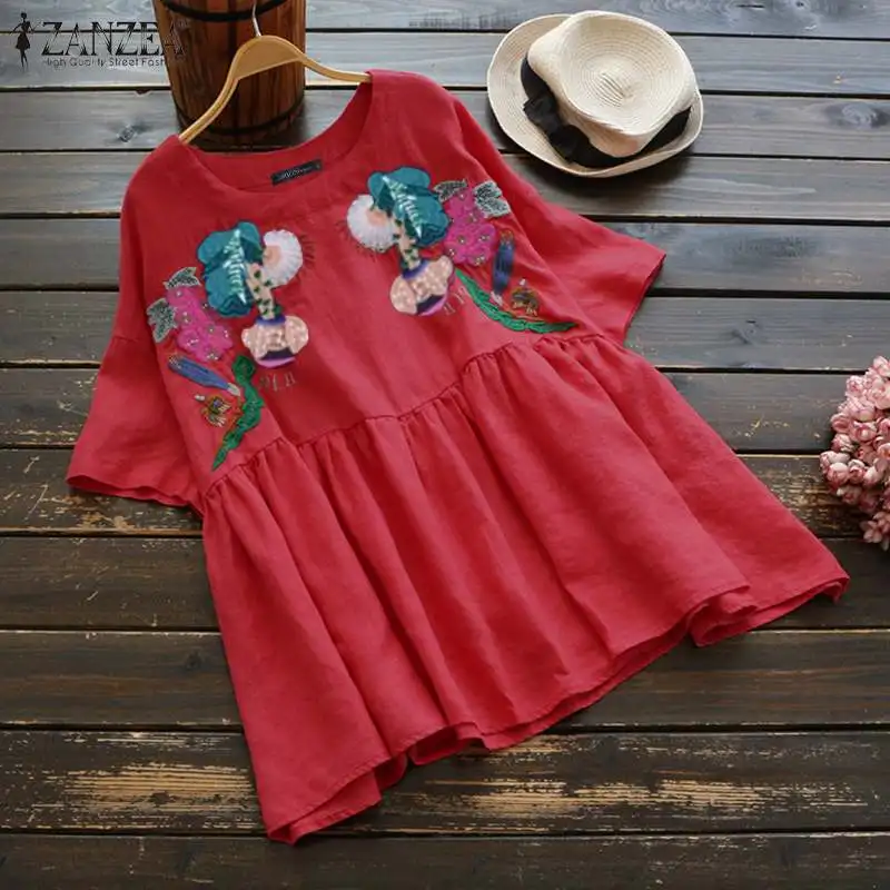  Vintage Embroidery Tops Women's Summer Blouse 2020 ZANZEA Casual O Neck Blusas Female Short Sleeve 