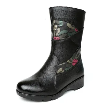 

Women's Female Woman Mother Ladies Genuine Leather Shoes Boots Mid Calf Zip Winter Fur Plush Warm Size 35-41 FJ-7728