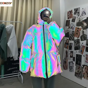 

Korean 2020 winter thick jacket colorful reflective long sleeve loose padded new arrival men clothing hip hop jackets parka
