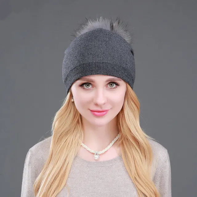 High Quality Women Dual layer Wool Knitted hats with big Real Fur Pompoms Warm Slouchy beanies hat ladies Fashion Skullies - Цвет: gray poms