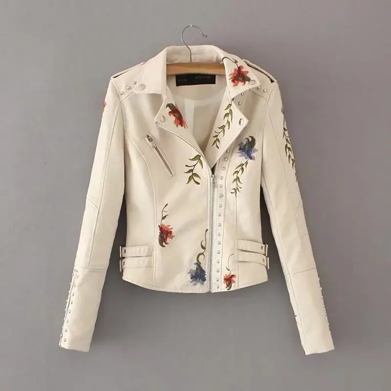 

T T Faux Soft Leather Jacket Women ROSE Embroidery Floral Pu Motorcycle Epaulet Zipper Punk Flower printed lady Outerwear