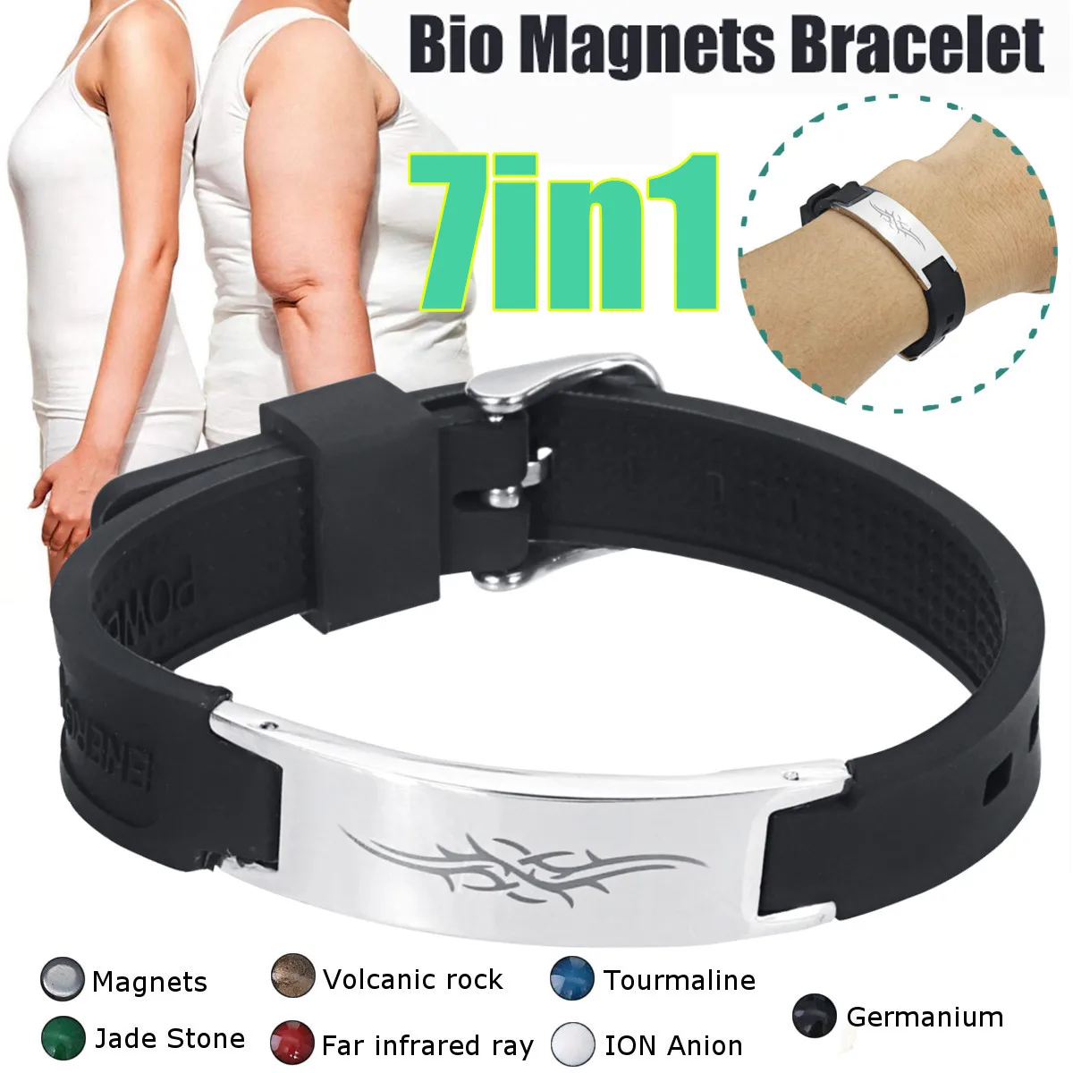 7in1 TITANIUM Magnetic Energy Armband Power Bracelet Health Bio Black