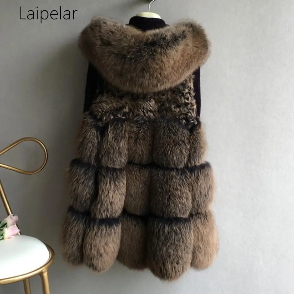 Laipelar, Зимняя мода, женская куртка с капюшоном, искусственный мех, жилет, пальто, искусственный мех, жилет, женский, без рукавов, из кусков, меховая верхняя одежда