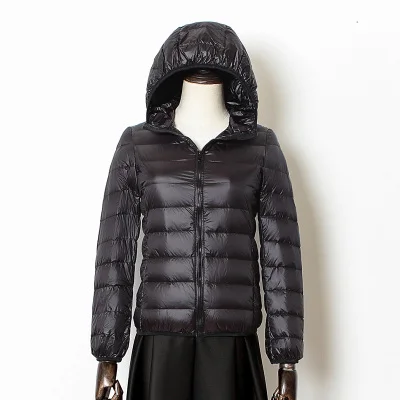 black Hooded Осенне-зимняя женская тонкая куртка-пуховик на белом утином пуху, парка, женский ультра-светильник, пальто, Короткие топы, куртка размера плюс, Женская куртка - Цвет: black Hooded