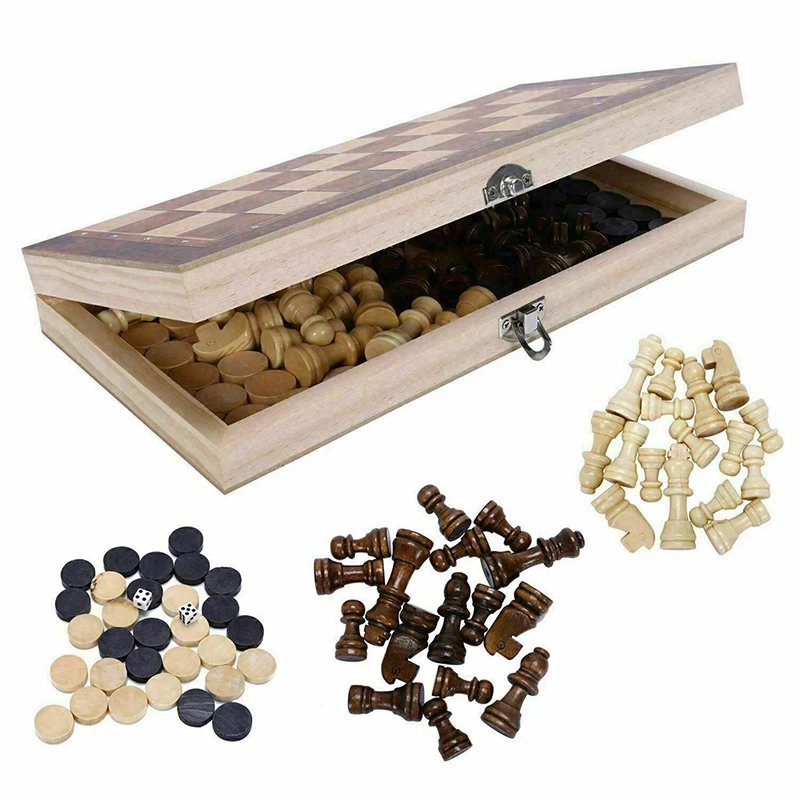 

Traditional Pub Board Dice Game 3 in 1 Folding Chess Set Wooden Chess Game Backgammon Checkers Chessboard Chess Pieces