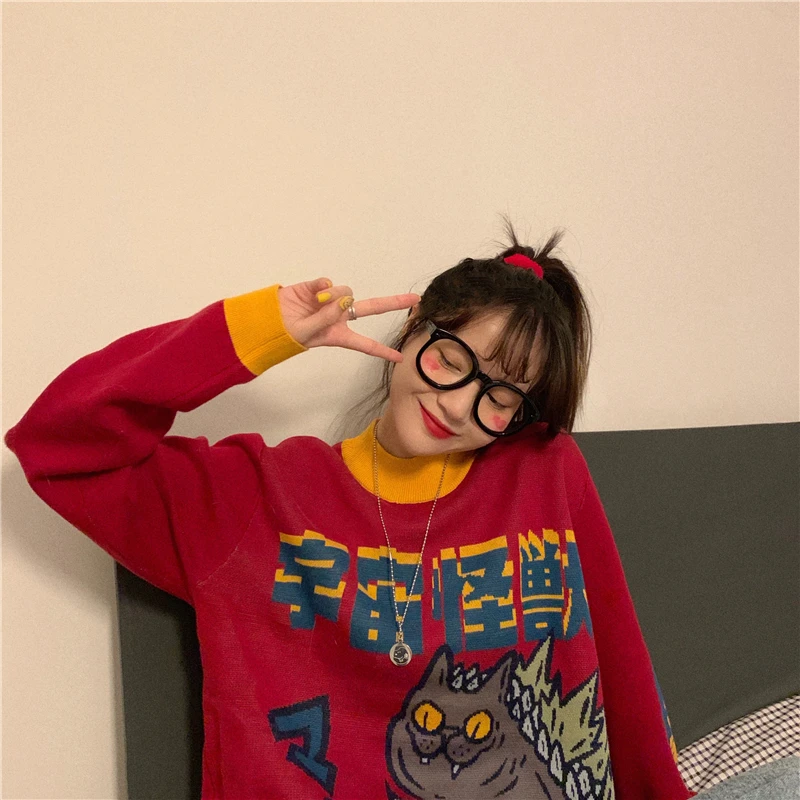 Японский свитер женский Зимний Harajuku Мультфильм BF Забавный с капюшоном о-образным вырезом модный Свободный Повседневный женский свитер