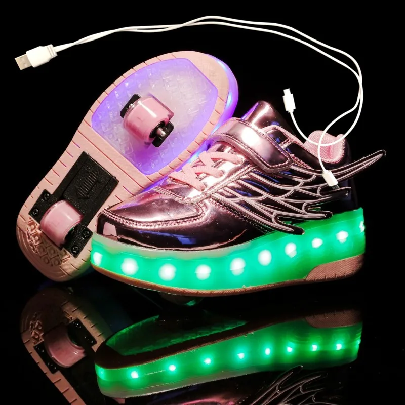 Children Two Wheels Luminous Glowing Sneakers Black Gold Led Light Roller Skate Shoes Kids Boys Girls USB Charging | Детская одежда и