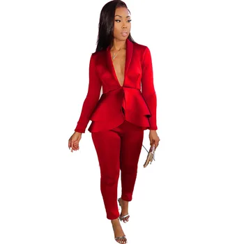 

2019 Elegant Work Wear Pant Suits 2 Piece Set Women Deep V-neck Ruffles Blazer Jacket and Trousers Office Lady Two Piece Outfits