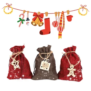 

Christmas 2021 Advent Calendar 24Days Hanging Drawstring Candy Bags with Stickers DIY Sacks Reusable Xmas Countdown Decorations