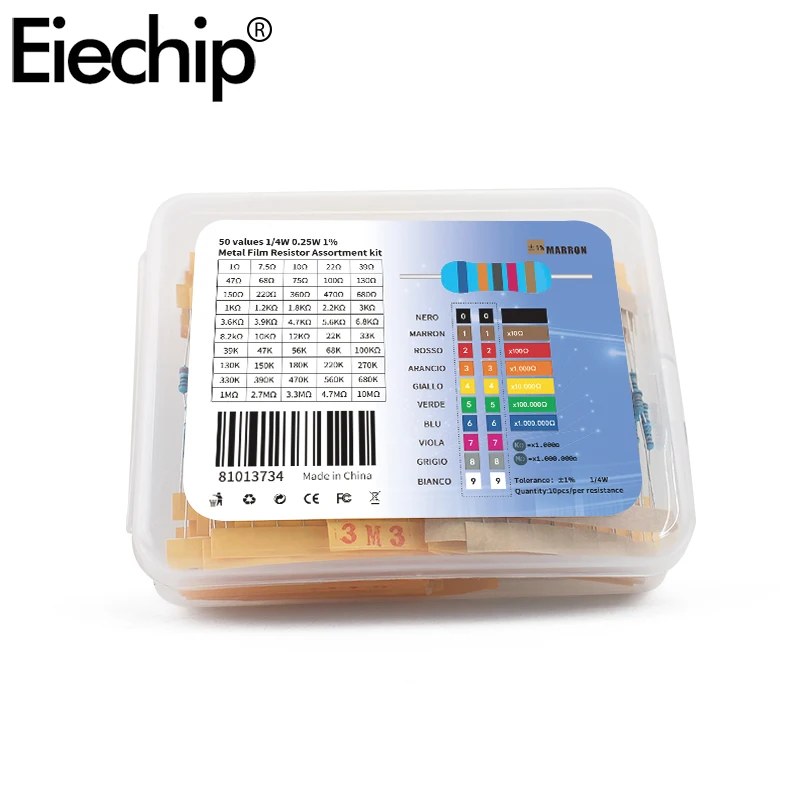500pcs/lot 50 values 1/4W Resistors set Metal Film Resistor Assortment Kit 1ohm -10M ohm resistor diy electronic kit