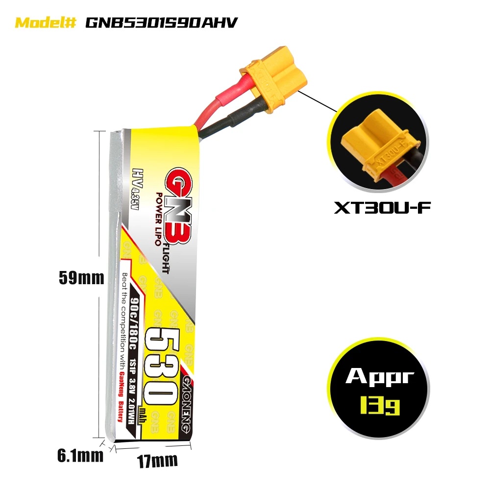 Gaoneng GNB 1S HV 3.8V 530mAh 90C Lipo XT30