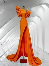

A Line Scalloped Wedding Prom Gowns With Beaded Orange Long Split Women's Evening Party Dresses