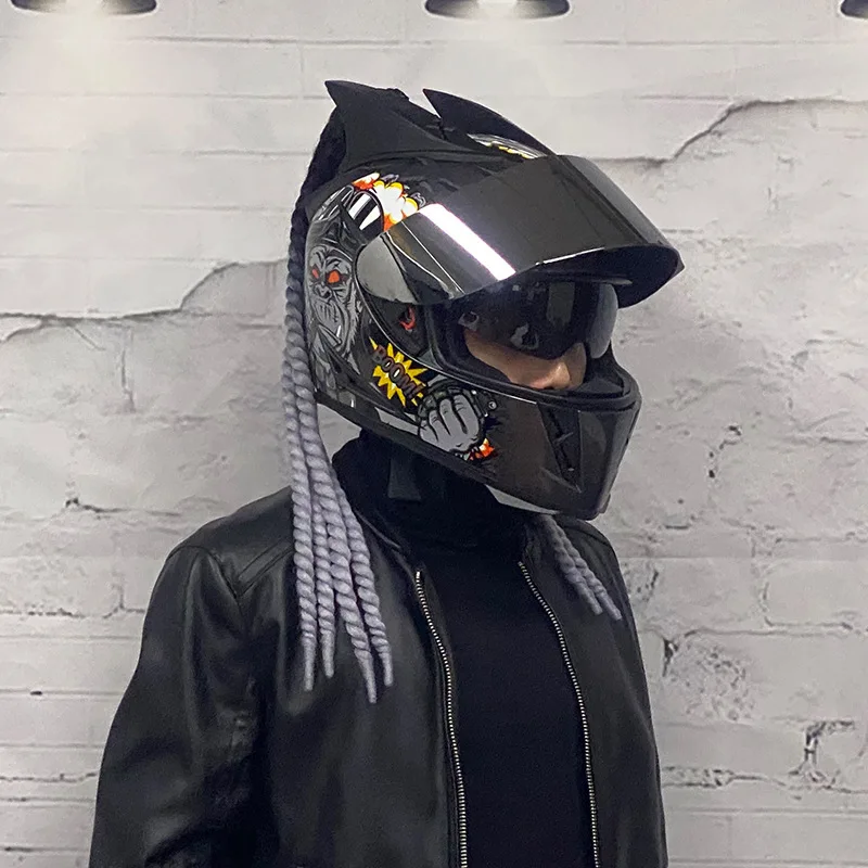 Casco de motocicleta trenzada para hombre mujer, protector de cara completa con doble lente, personalizado, con bocina de seguridad, de trenza sucia|Cascos| - AliExpress