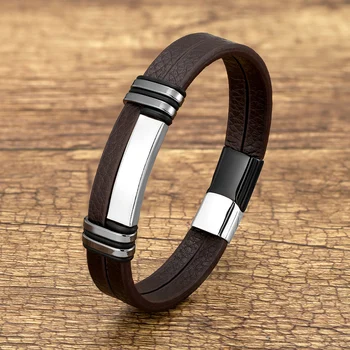 2021 Trendy Brown Genuine Leather Bracelet For Men Charm Stainless Steel Metal Women Bracelet Jewelry Wholesale