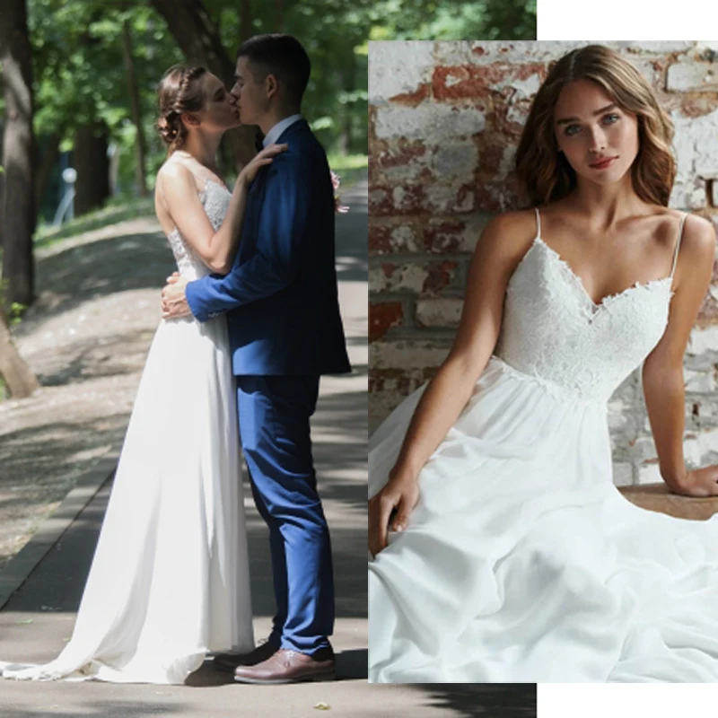 

Boho Wedding Dress Spaghetti Strap A Line Chiffon Long Backless Beach Wedding Bridal Gown Appliques Lace Top Bride Dress 2019
