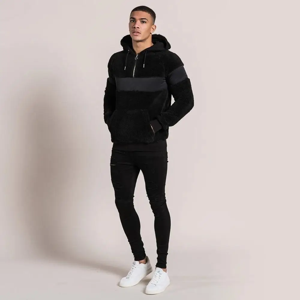 Winter Mens Hoodies Black Lambswool Pullover Velvet Hooded Hoodie Black Casual Vintage Sweatshirt M