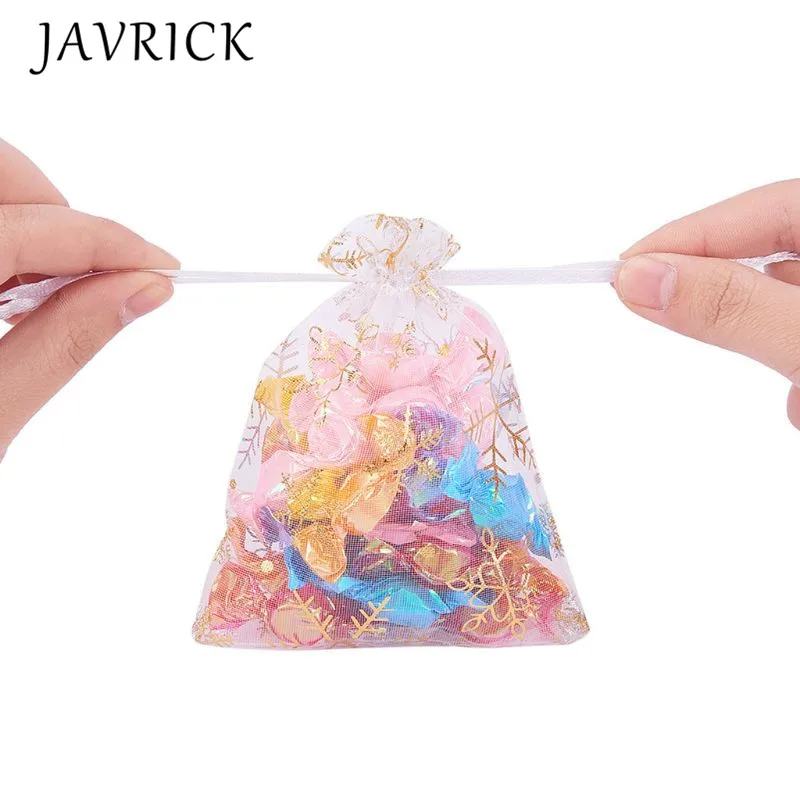 

Candy Gift Bags Golden Snowflake Printing Gauze White Organza Bag New