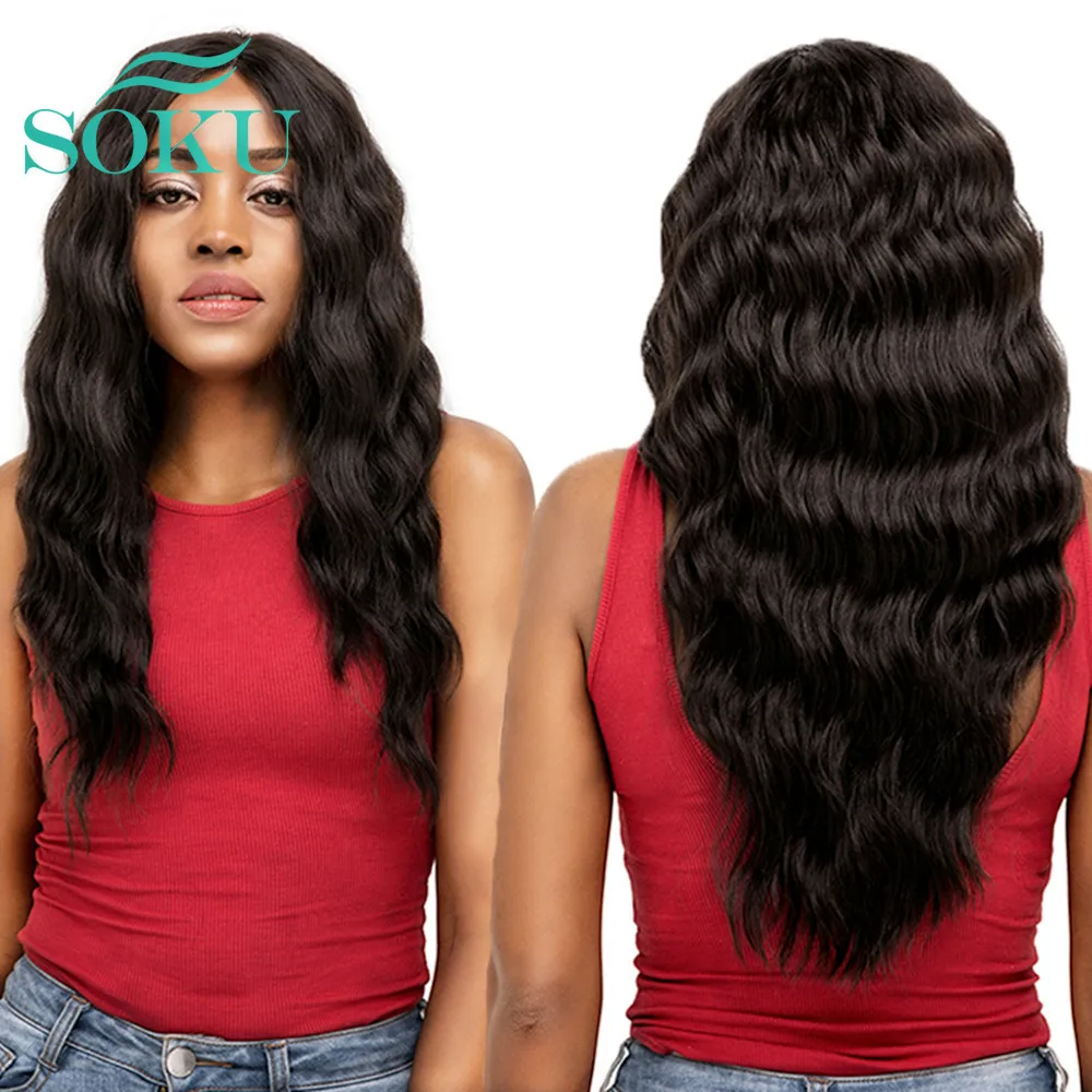 

SOKU Black Blonde Red Synthetic Lace Front Wigs Long Soft Natural Wave Trendy 20 Inch Middle Part Glueless For Black Women