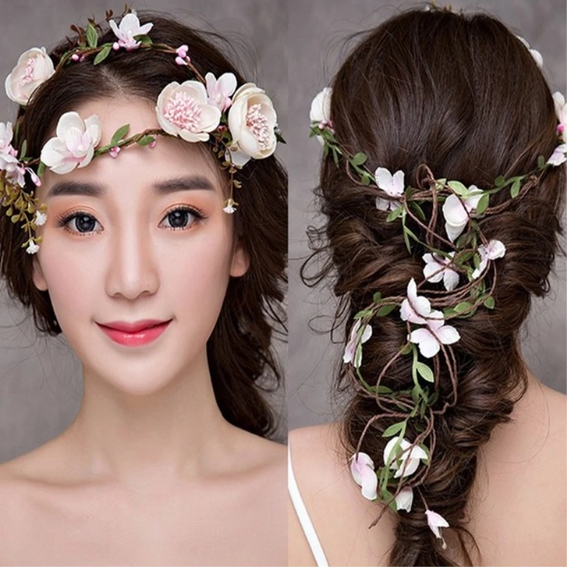 

Flower Wreath Bride Headdress Vines Manual Rose Flower Hair Wedding Headwear Decoration Girl Long Headband Party Crown Floral