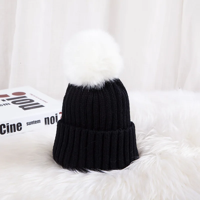 hat and white ball Меховая помпон зимняя шапка Skullies Beanies теплая шапка эластичные трикотажные лыжные шапочки детские меховые шапки с помпоном для девочек и мальчиков - Цвет: hat and white ball