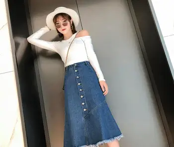 

BUZEKOE New arrived autumn and winter high waist buckle denim A-line skirt loose casual style
