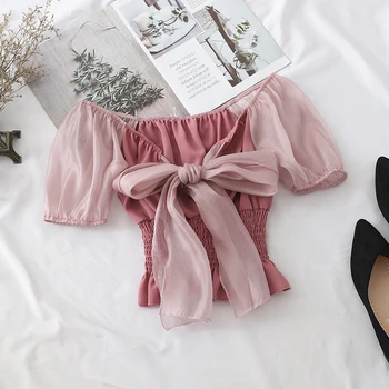 

HELIAR 2020 Spring Bow Neck Waist Chiffon Shirt Transparent Sleeve Slash Shoulder Solid Tops For Women Fashion Shirt Women