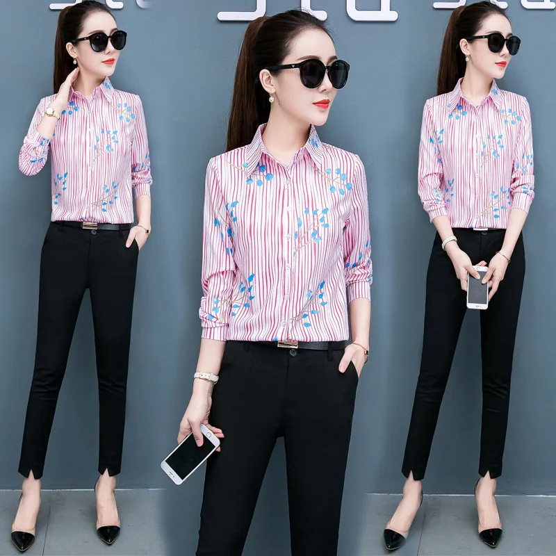 

Plus Size Women ol Work Blouses Fashion Womens Korean Slim Turn-Down Collar Button Print Striped Shirts Long Sleeve Casual Tops