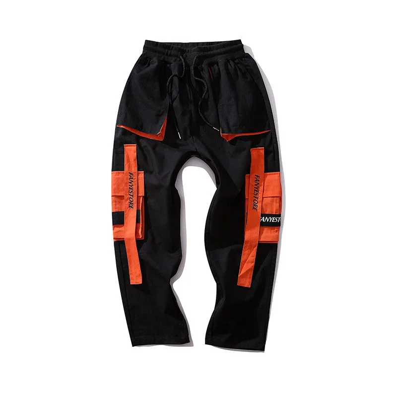 Ленты Лоскутные боковые карманы Карго шаровары мужские повседневные Jogger Harajuku спортивные брюки хип хоп уличные брюки мужские