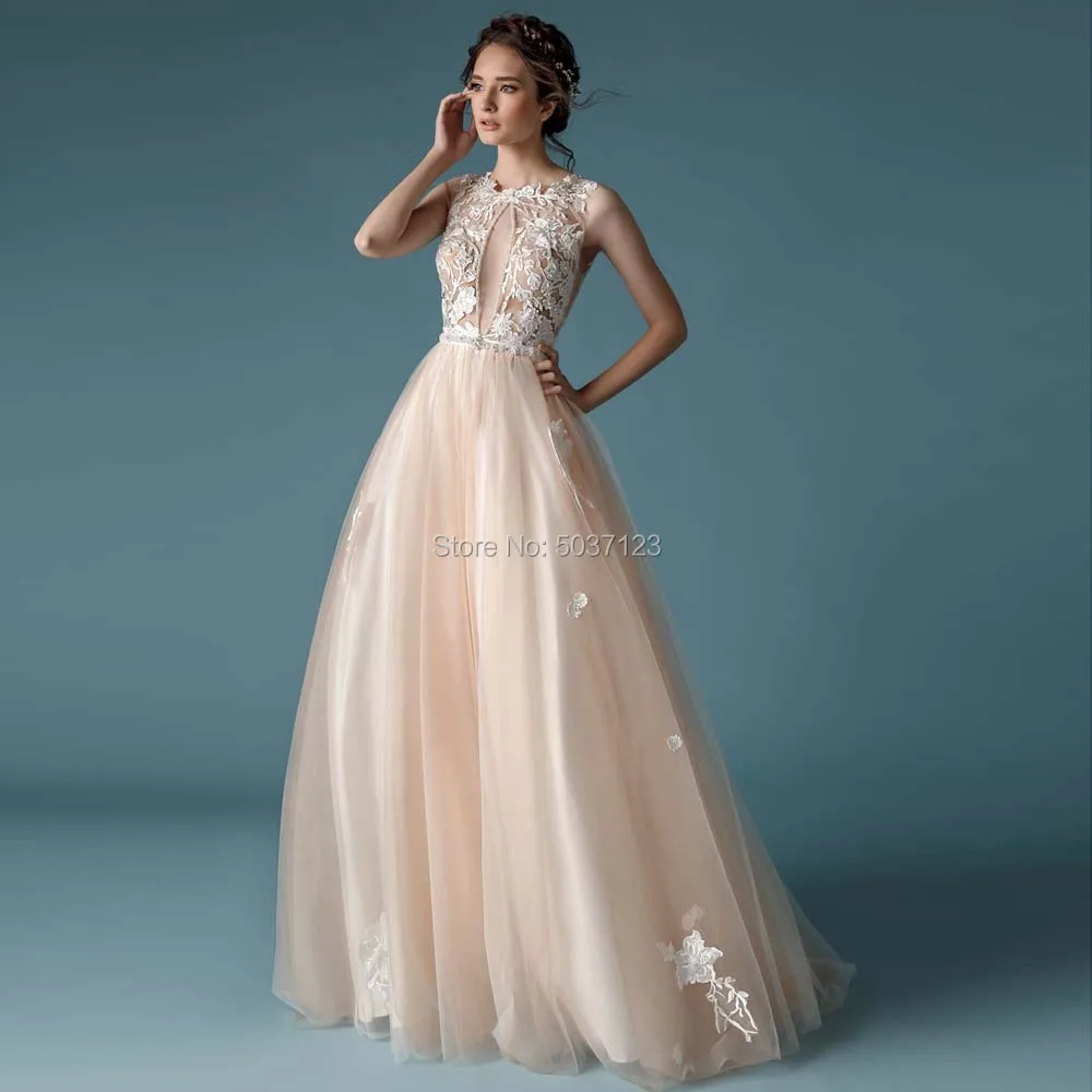 

Champagne Wedding Dresses A Line O Neck Sleeveless Vestido De Noiva Lace Appliques Bridal Wedding Gowns Back Button Sweep Train
