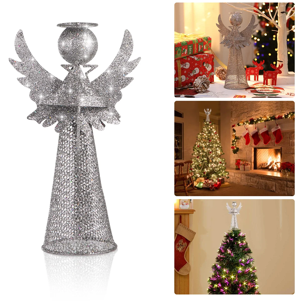 

1pc Silver Coated Metal Angle Christmas Tree Topper Christmas Decor Treetop Ornament Figure For Shopping Mall Office Home Party