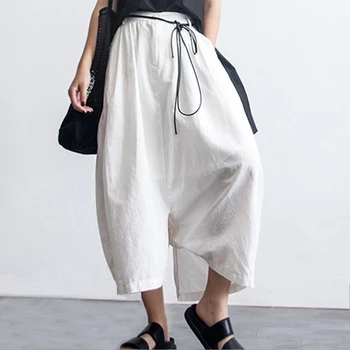 

VONDA Cotton Pants Women's Summer Trousers Casual Elastic Waist Asymmetrical Pantalon Female Vintage Cropped Pants Oversized