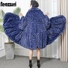 Nerazzurri зимнее леопардовое пальто из искусственного меха женское свободное негабаритное облегающее меховой пушистый Жакет длинный Леопардовый принт подиумная уличная шуба из искусственного меха шубка летучая мышь