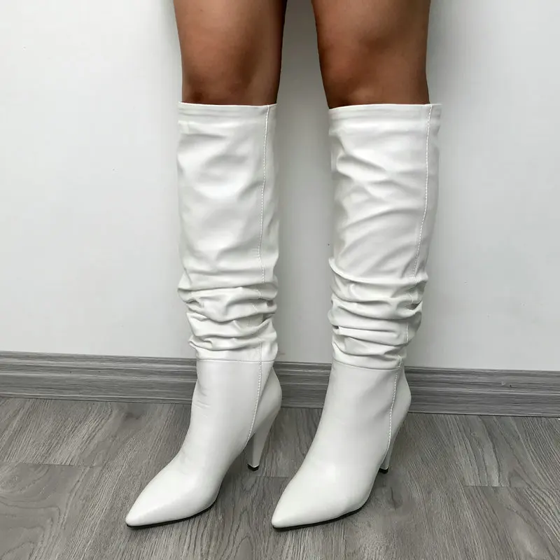 white PU Женские белые сапоги до колена со шнуровкой; высокие сапоги на каблуке с острым носком; Сезон Зима; цвет красный, коричневый, черный; женские сапоги; Повседневная Осенняя обувь - Цвет: white PU