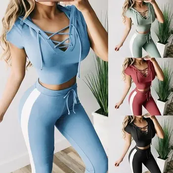 

2Pcs Women Casual Sports Yoga Fitness Athletic Sets Crop Top hoodie+ Leggings