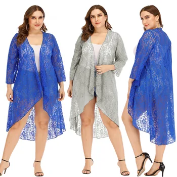 

Cover-Up Beach Dress Pareos Pareo Wear Beachwear Women 2020 Summer Lace Sexy Irregular Minutes Long Sleeve Cardigan Bikini Smock