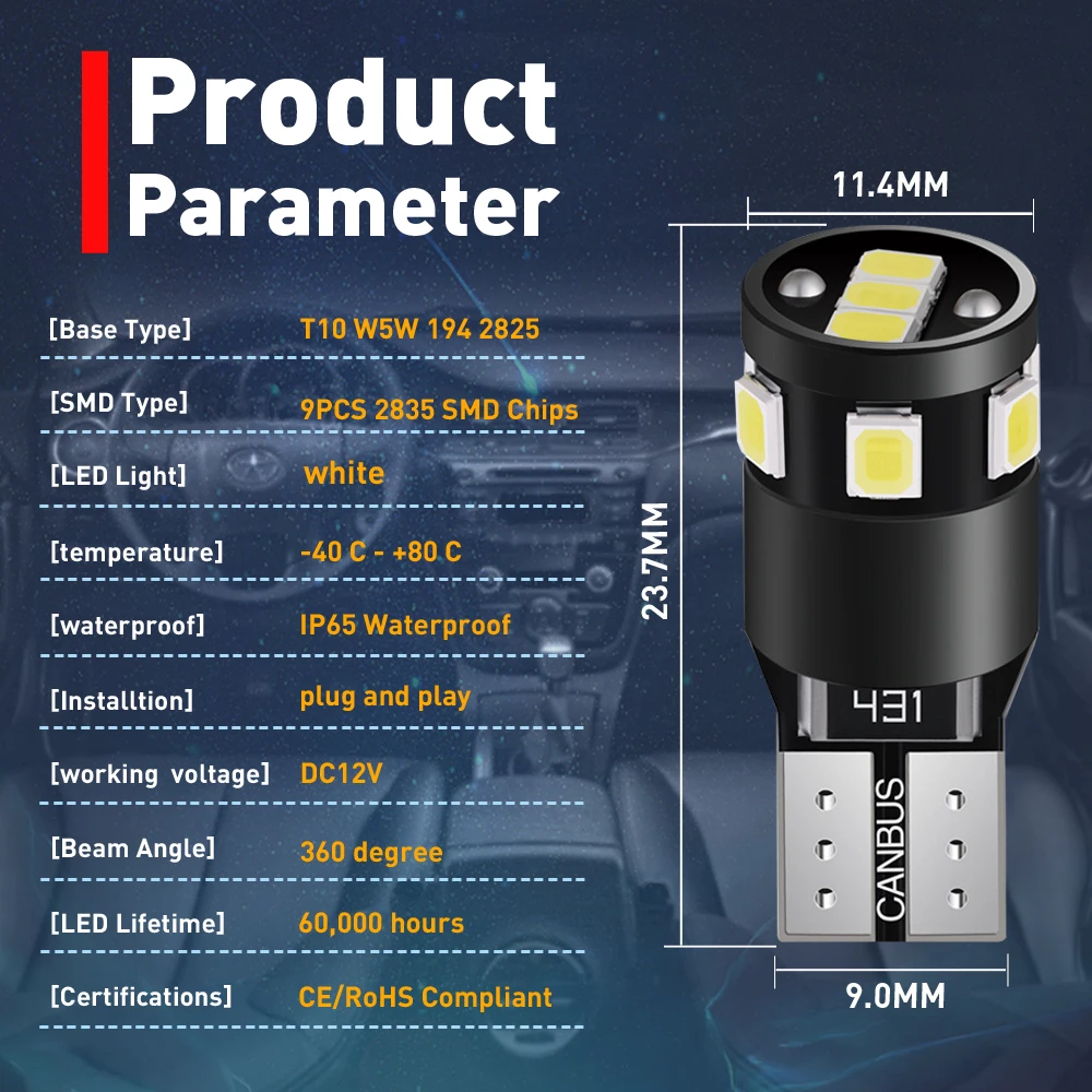 Ampoules LED T10 Canbus 34 SMD 4014 – Sans Erreur, 600% Plus Lumineuses, Pour Feux Intérieurs Voiture, 2 Pièces - 8