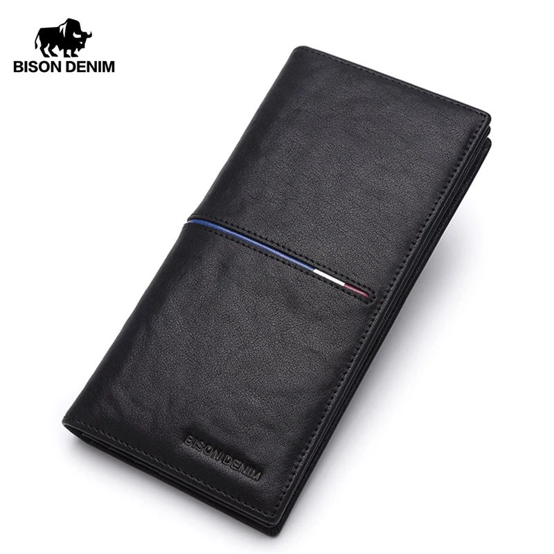 BISON DENIM Натуральная Воловья кожа клатч кошелек известный бренд роскошный мужской кожаный Длинный с