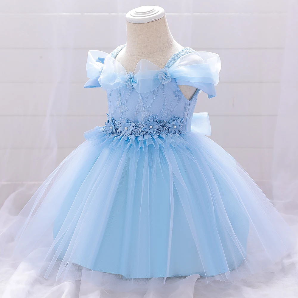 New Infant Baby Girl Dress Petals Tulle Baptism Dresses Girls 1 Year Birthday Beading Party Wedding Baby Clothing