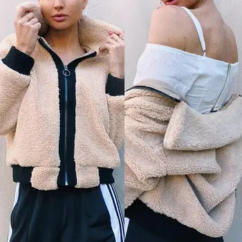 

Winter Women's Jacket Thicken Fluffy Color Block Turn Down Collar Zip Up Girl Jacket Coat Outwear