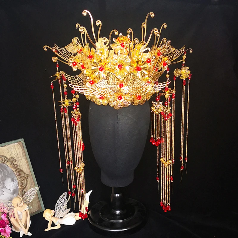 HIMSTORY классическая китайская свадьба Феникс королева Коронет Корона невесты золотые украшения для волос аксессуары-кисточки свадебная прическа