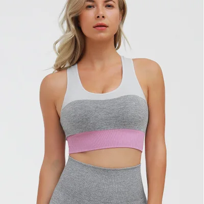 X-HERR контрастный бесшовный комплект для тренажерного зала, укороченный топ, Леггинсы для йоги с высокой талией, спортивная одежда для активного фитнеса - Цвет: Gray Pink Top