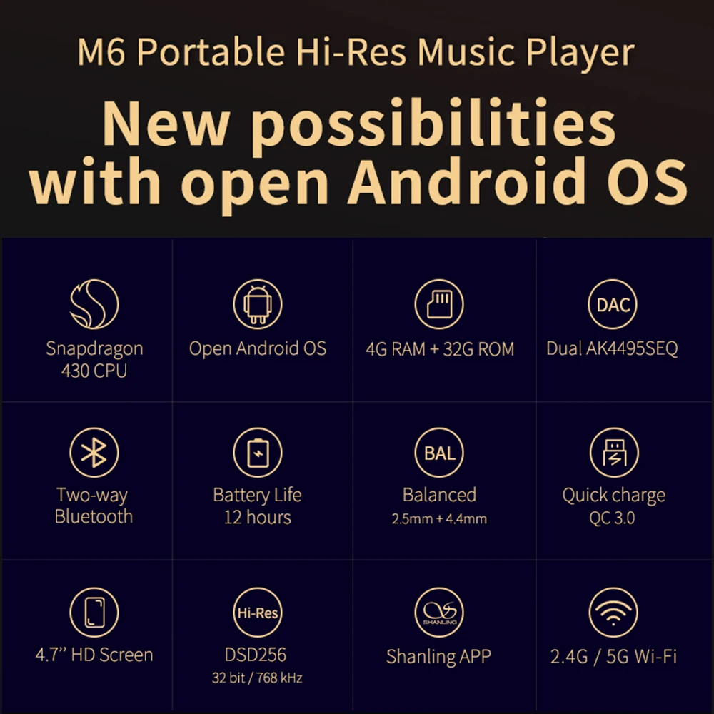 SHANLING M6 Dual AK4495SEQ DAC Android OS Full Balanced Bluetooth Portable Music Player MP3 Headphone Amplifier PCM32bit 768 kHz
