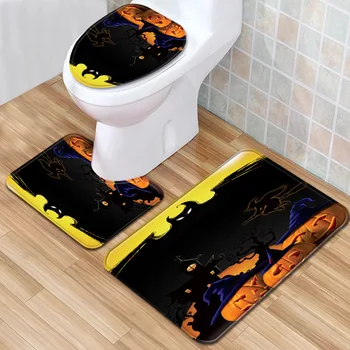 

WUJIE 3 Pieces Set Halloween Anti-slip Bath Mat Toilet Seat Cover Carpet Pedestal Rug 3D Pumpkin Printed Bathroom Decoration Rug